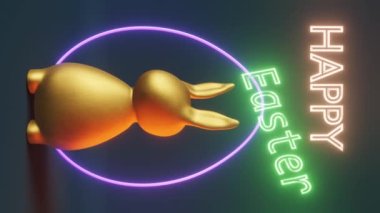 Happy Easter Shiny golden bunny eggs futuristic blue neon light 3d animation loop. Contemporary creative minimalist style Modern party pop-art vertical design 4K Social media greeting content template