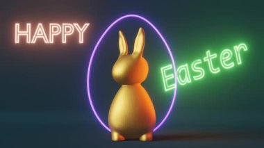 Mutlu Paskalya tebrik kartları parlak altın tavşanlı yumurta parlak mavi neon ışıklı 3d döngü animasyonu. Modern parti pop-art tasarımı sosyal medya içeriği şablonu