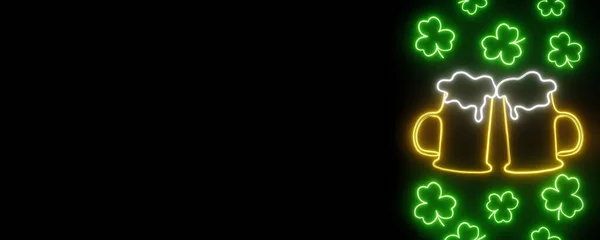Happy Saint Patricks Day night party neon glowing light Shamrock signboard 3d rendering. Irish holiday beer mug cocktail drink Three leaves clover header banner background 17 March celebration Ireland