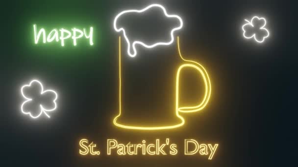 Happy Saint Patrick Day Night Party Neon Glowing Light Shamrock — Vídeo de stock
