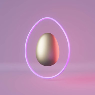 Happy Easter greeting card Silver egg levitating purple neon 3d rendering. Contemporary creative minimalist style Modern party invitation design. Social media pastel violet monochrome content template