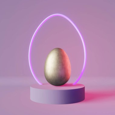 Easter egg podium stage purple neon illuminating light 3d rendering. Contemporary creative minimal scene cosmetic product showcase. Modern presentation design Social media content advertising template