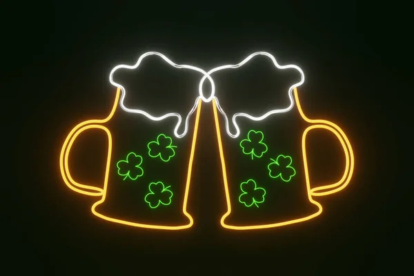 Beer mug glowing neon light Happy Saint Patrick\'s Day night party Shamrock signboard 3d rendering. Irish pub brewery holiday drinks Three leaves clover luck symbol graphic. 17 March celebration poster