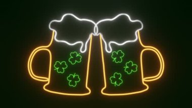 Beer mug glowing neon light Happy Saint Patrick's Day night party Shamrock signboard 3d animation. Irish pub brewery holiday drinks Three leaves clover luck symbol motion graphic. 17 March celebration