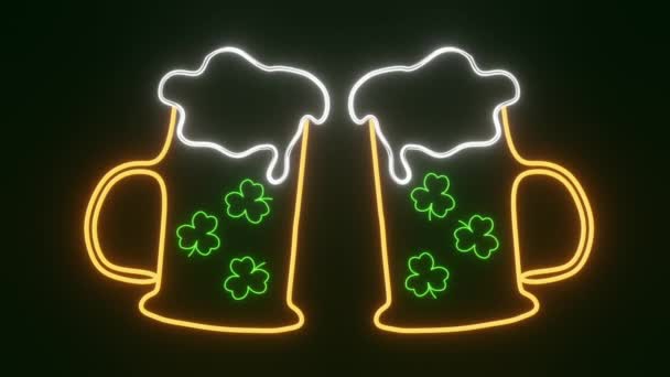 Beer Mug Glowing Neon Light Happy Saint Patrick Day Night — ストック動画