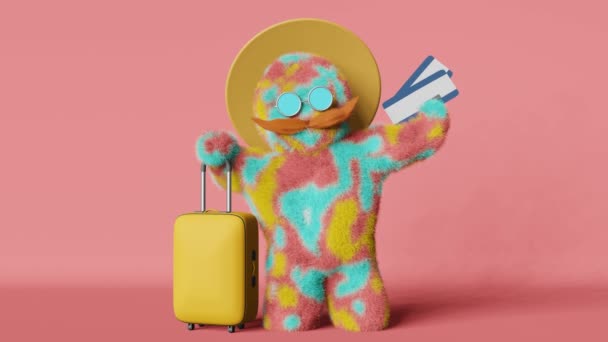 レインボーヒップスターYetiで口ひげサングラス帽子黄色のスーツケースチケット3Dアニメーションループ 現代のクリエイティブ旅行広告デザイン カラフルな大きな足の旅行者の荷物 夏休みフライトの旅 — ストック動画