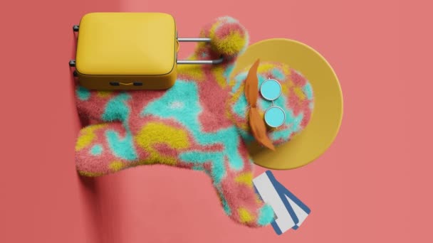Rainbow Hipster Yeti Mustache Sunglasses Hat Yellow Suitcase Ticket Animation — Stock videók