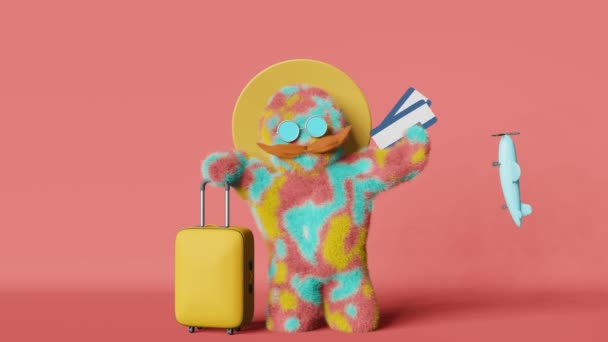 Rainbow Hipster Yeti Mustache Sunglasses Hat Yellow Suitcase Tickets Animation — Stock Video