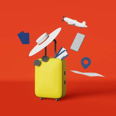 Sarı bavul uçak biletleri. Pasaport. Kırmızı arka plan pankartı. Modern yaratıcı seyahat reklamcılığı. Gezgin bavulu. Yaz tatili havaalanı deniz yolculuğu. Avia satış promosyonu