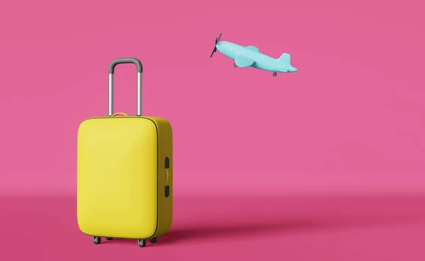 Żółta Walizka Latający Samolot Renderowania Różowy Baner Tła Nowoczesny Kreatywny — Zdjęcie stockowe