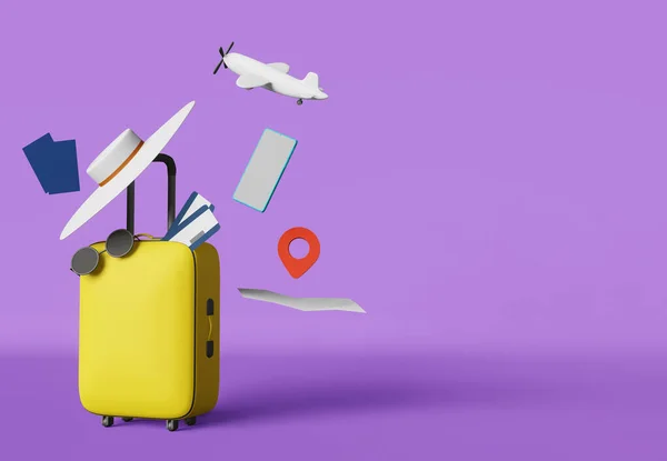 黄色行李箱机票3D渲染紫色背景横幅 现代创意旅游广告设计 暑假机场航班海路Avia机票销售促销 — 图库照片