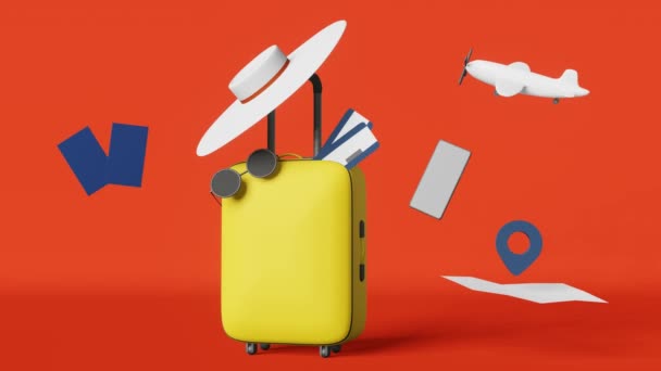 Valise Jaune Billets Avion Carte Passeport Animation Rouge Fond Boucle — Video