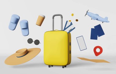Sarı valiz uçak biletleri pasaport terlikleri kahve 3D rendelenmiş pankart. Modern yaratıcı seyahat reklamcılığı. Seyahat valizleri Yaz tatili havaalanı deniz yolculuğu. Avia satış promosyonu