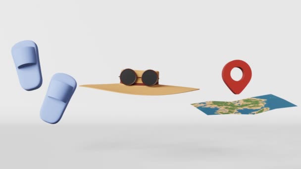 Літні Канікули Анімаційний Цикл Карта Геолокаційними Тапочками Сонцезахисні Окуляри Сучасний — стокове відео