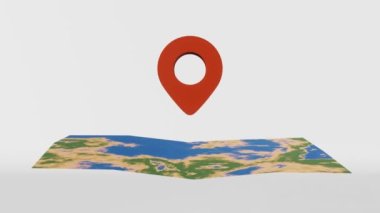 Konum belirleme noktalı harita 3D uçak animasyon döngüsü 4K varış noktası kırmızı işaret. Seyahat rotası taşıma sitesi Gezgin GPS navigasyon Havalimanı uçuş yolculuğu tatili