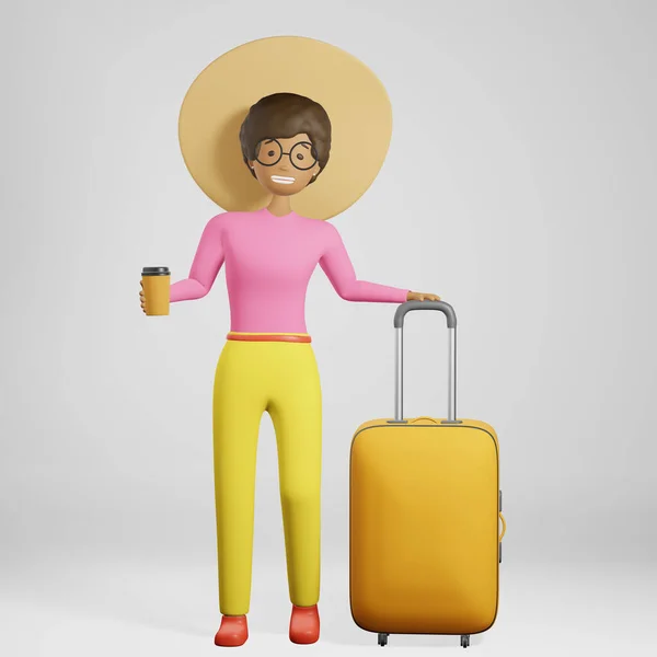 Smiling African American Girl Traveler Yellow Suitcase Luggage Coffee Rendering — Stock Photo, Image