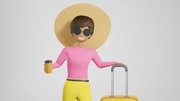 Smiling African American Girl Traveler Yellow Suitcase Luggage Coffee Animation — Stock Video