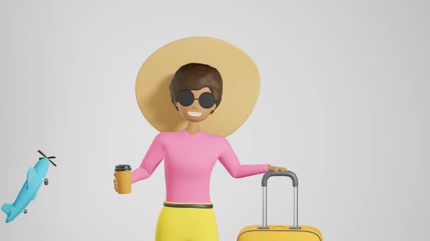 Sorrindo Africano Americano Menina Viajante Mala Amarela Café Bagagem Animação — Vídeo de Stock