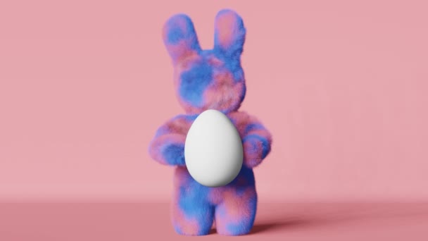 可爱毛茸茸的复活节兔子白蛋问候语3D动画循环 紫色粉红毛兔当代创意简约风格 现代派对邀请设计 社交媒体春季内容模板 — 图库视频影像