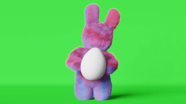 Cute Plush Furry Easter Bunny White Egg Greeting Animation Loop — Stock Video