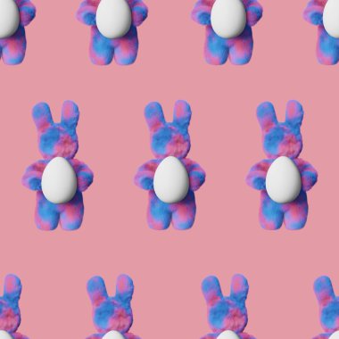Tatlı, peluş, tüylü Paskalya tavşanı yumurtasının pürüzsüz deseni 3D. Sarı mor pembe tavşan modern yaratıcı stil Modern ambalaj kağıdı kıyafet çizgi film tasarımı sosyal medya bahar içeriği şablonu