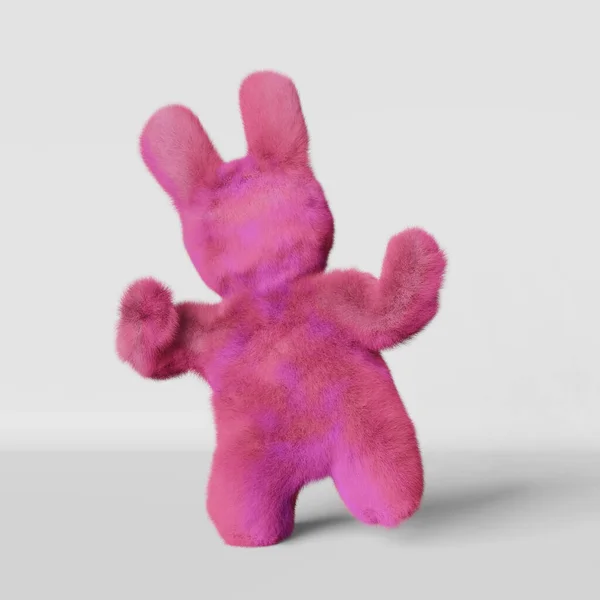 可爱的粉色舞蹈复活节兔子白色背景贺卡3D渲染 紫色毛茸茸的兔子当代创意风格 孩子生日宴会请柬的设计 社交媒体春晚内容 — 图库照片