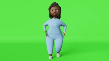 Afro-Amerikan vücut pozitifliği olan 3 boyutlu animasyon karakteri kromakey üzerinde 4K döngü çiziyor. Spor giyim kuşamında çok ırklı ve boyut farkı olan bir kız. Sağlıklı aktif yaşam tarzı zayıflama yürüyüşü.