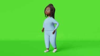 Afro-Amerikalı kadın 3D animasyon karakteri, kromakey 45 derece görüşlü 4K döngü üzerinde yürüyor. Çok ırklı ve çeşitli boylarda kızların yürüyüş döngüsü. Aktif yaşam tarzı zayıflama yürüyüşü.
