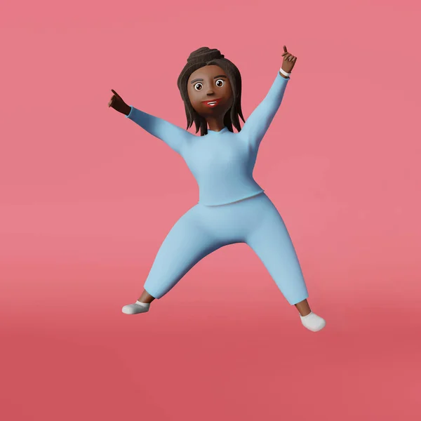 跳跃快乐的非裔美国人身体呈阳性的女人3D渲染性格 多种族加体形多样化的女孩在运动服训练中跳了起来 健康积极的生活方式减肥锻炼 — 图库照片