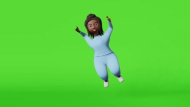 Afro-Amerikalı kadın 3D animasyon karakteri kromakey üzerinde 4K döngü sıçraması yapıyor. Çok ırklı artı beden kız spor kıyafetleri zıplayan yeşil ekran aktif yaşam tarzı kilo kaybı.