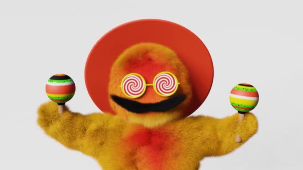 Mutlu Renkli Tüylü Yeti Meksikalı Şapka Bıyığı Geleneksel Marakas Dansı — Stok video
