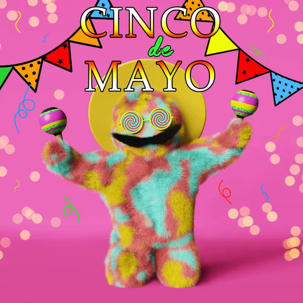 Kreativ Cinco Mayo Reklam Glad Färgglada Lurviga Yeti Mexikanska Sombrero — Stockfoto