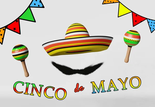 Cinco Mayo Högtidsfestival Firande Maracas Mariachi Musikinstrument Sombrero Hat Mustasch — Stockfoto