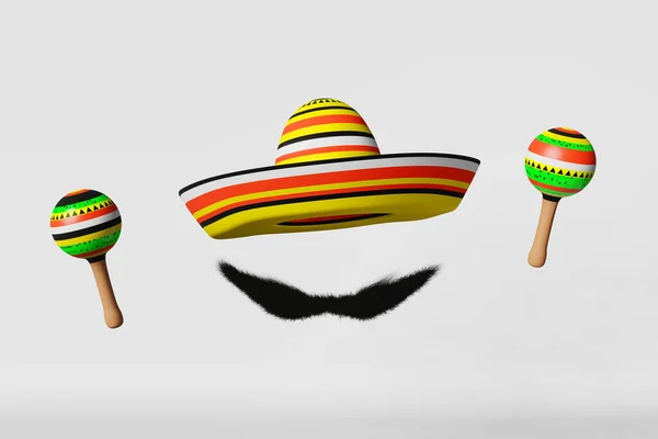 シンコ マヨの休日祭りのお祝いマラカス マリアッチ楽器ソムブレロ帽子口ひげ3Dレンダリンググリーティングカード Viva Mexico国家の歌伝統的なスペイン文化のお祝いの広告 — ストック写真
