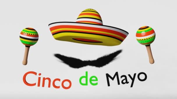 Cinco Mayo Högtidsfest Maracas Mariachi Musikinstrument Sombrero Hatt Och Mustasch — Stockvideo
