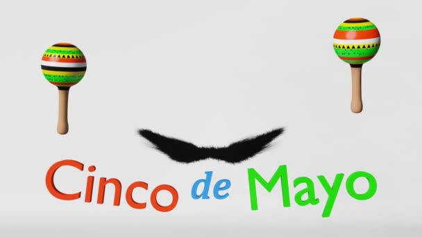 シンコ マヨのホリデーフェスティバルのお祝いマラカス マリアーチ楽器ソムブレロ帽子と口ひげ3Dアニメーションループ4K Viva Mexico国民の歌伝統的なスペイン文化のお祝い広告 — ストック動画