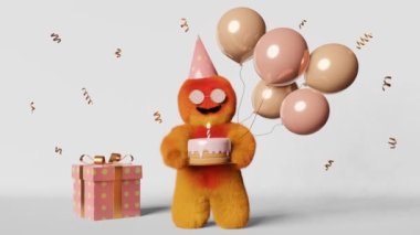 Şirin pofuduk kürklü Yeti hediye kutusu 3D animasyon döngüsü pastel pembe arka planlı. Olumlu bir kocaayak pastası mumu doğum günü partisi kutlaması. Birinci yıl dönümü. Yaratıcı tatil reklam tasarımı