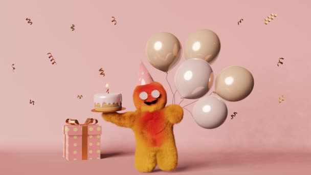 可爱的毛茸茸的雪人骑着气球飞蛋糕礼品盒闪烁着3D动画快乐有趣的大脚怪生日庆祝会给公司周年纪念日带来惊喜创意节日广告设计 — 图库视频影像