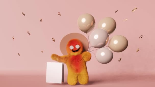 Χαριτωμένο Yeti Πετά Μπαλόνια Τσάντα Ψώνια Animation Πώληση Ροζ Φόντο — Αρχείο Βίντεο