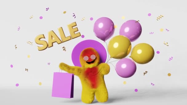 Zakupy Online Sprzedaż Animacja Pętla Cute Yeti Leci Balony Torby — Wideo stockowe
