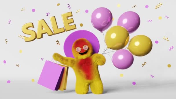 Online Shopping Verkauf Animation Schleife Netter Yeti Fliegt Luftballons Taschen — Stockvideo