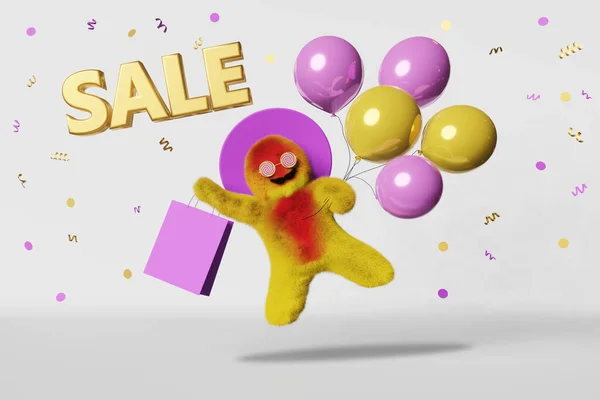 Online Shopping Promo Banner Cute Yeti Flies Balloons Bag Sale — Stock Photo, Image