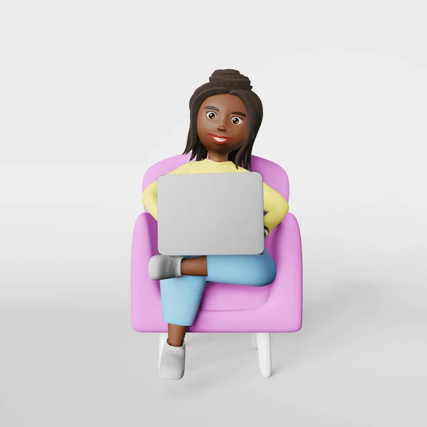 アフリカ系アメリカ人の女性従業員を笑顔3D文字は リモートでオンラインでアームチェアに座って Webコールでビデオ会議を話しているノートパソコンで入力作業 多様なフリーランス労働者コースを学ぶ — ストック写真