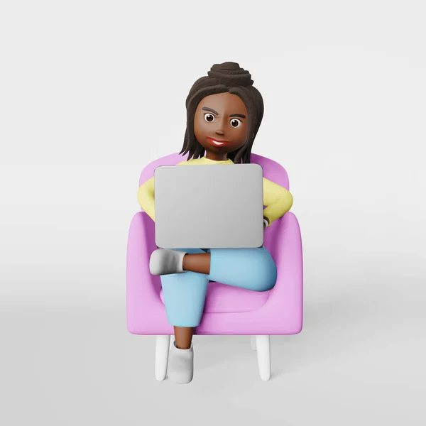 Lächelnde Afroamerikanische Mitarbeiterin Figur Tippt Auf Laptop Entfernt Online Auf — Stockfoto