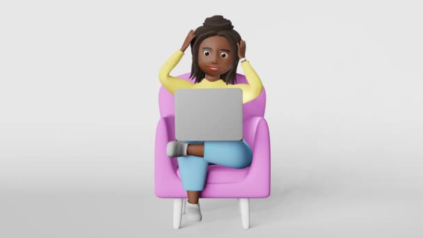 Asustado Estresado Mujer Afroamericana Empleado Animación Trabajando Ordenador Portátil Forma — Vídeos de Stock