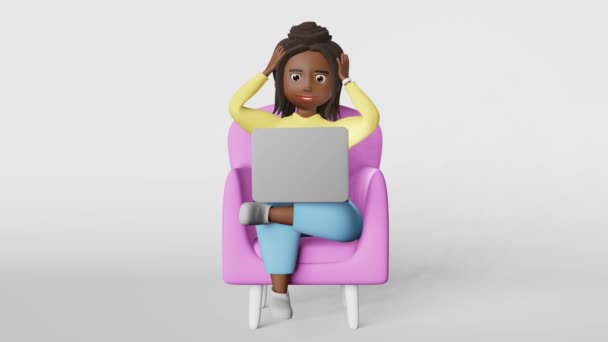 Scared Stressed African American Woman Employee Animation Working Laptop Remotely — Stock Video