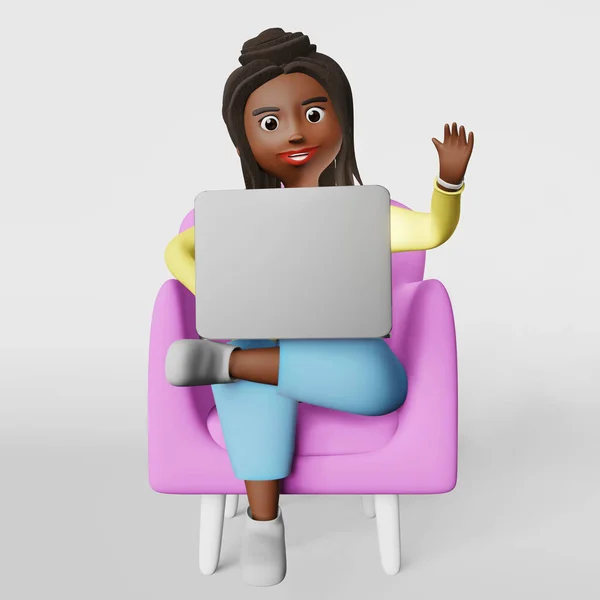 Sorrindo Afro Americano Mulher Empregado Personagem Trabalhando Digitação Laptop Remotamente — Fotografia de Stock