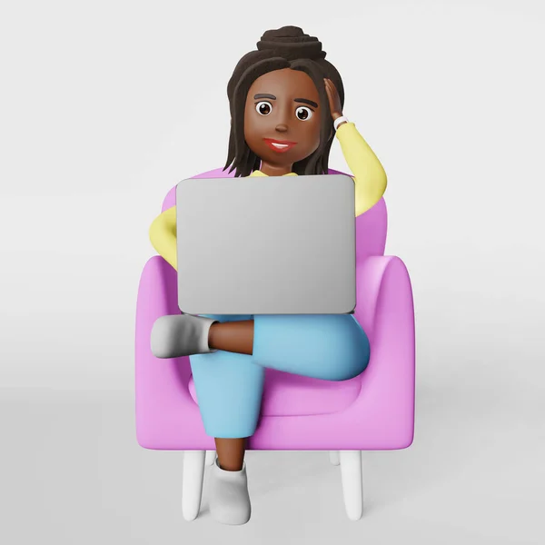 Asustado Estresado Mujer Afroamericana Empleado Personaje Que Trabaja Ordenador Portátil — Foto de Stock