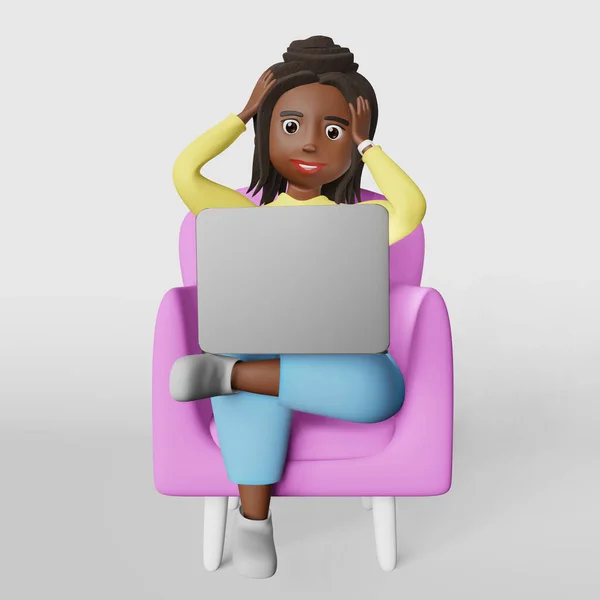 Assustado Afro Americano Mulher Empregada Personagem Trabalhando Laptop Remotamente Tendo — Fotografia de Stock