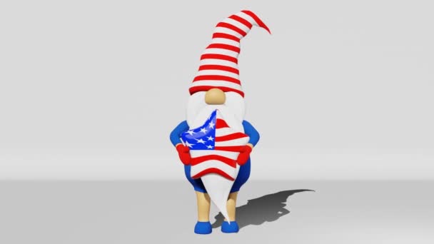 アメリカの旗星アメリカ独立記念日3Dアニメーション4Kとストライプの帽子でGnome 7月4日の祝日のお祝いのスクリーンセーバーのデザインかわいい北欧文字アメリカ愛国象徴 — ストック動画